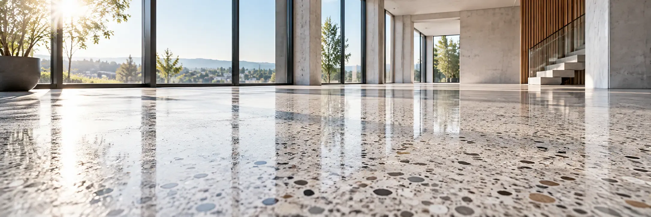 Geschliffener Terrazzo-Boden in einem lichtdurchfluteten Raum